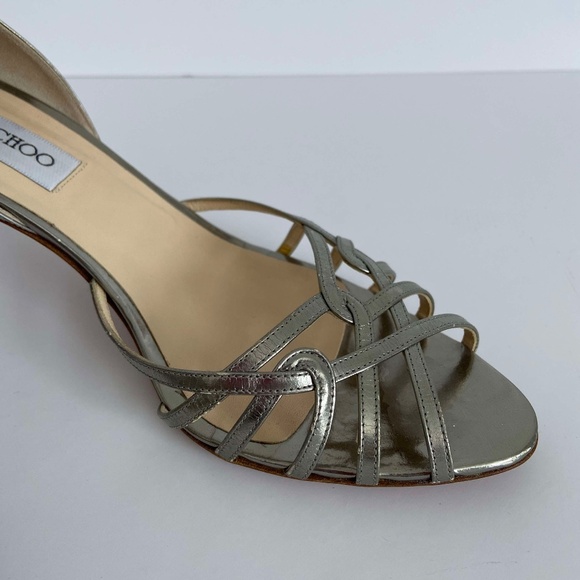 JIMMY CHOO PEWTER SILVER SANDALS KITTEN HEELS OPEN TOE METALLIC VINTAGE FORMAL - Picture 3 of 10